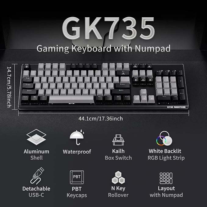 Hexgears GK735 Full-Size Mechanical Gaming Keyboard, Surround Side Light Strip+Backlit Keyboard with Linear Switch, Anti-Ghosting, Double-Shot PBT Keycaps, Compatible with Windows, macOS (Gray-Black)