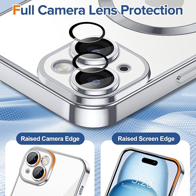Hython Magnetic Clear for iPhone 15 Case with Camera Lens Protector [Compatible with MagSafe] Luxury Plating Edge Slim Soft TPU Cover Protective Phone Case for iPhone 15 6.1", Silver