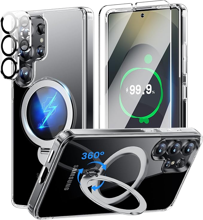 360°Ring Stand for Samsung Galaxy S25 Ultra Case with 1X Screen Protector +1X Camera Cover,Fit for MagSafe, Anti-Yellowing & Scratch-Resistant Back Phone Case for Galaxy S25 Ultra 6.9", Clear