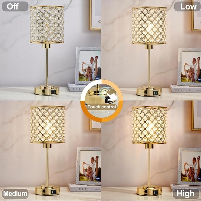 GyroVu Crystal Table Lamp for Bedroom, Touch Control Bedside Lamp with USB-C+A Ports, Dimmable Gold Bedside Lamp with Bulb, Nightstand Lamp Modern Light for Living Room