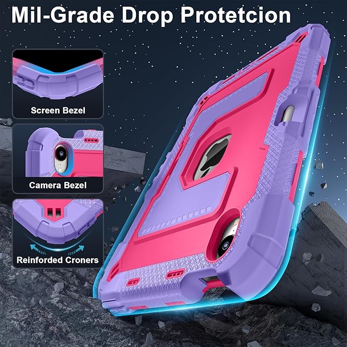 Kids Friendly Case for Apple iPad mini 7 A17 Pro 2024/iPad Mini 6 2021 8.3 Inch 7th/6th Gen Case with Pencil Holder & Shoulder Strap, Shockproof Kickstand Hard Shell Protective Cover,Rose+Purple