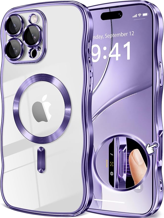 GVIEWIN for iPhone 16 Pro Max Case Compatible with MagSafe, Upgraded [Full Camera Protection][Cute Wave Frame][Military Grade Protection] Electroplated Soft Phone Cover for Women Girl, Clear/Purple