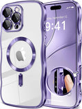 GVIEWIN for iPhone 16 Pro Max Case Compatible with MagSafe, Upgraded [Full Camera Protection][Cute Wave Frame][Military Grade Protection] Electroplated Soft Phone Cover for Women Girl, Clear/Purple