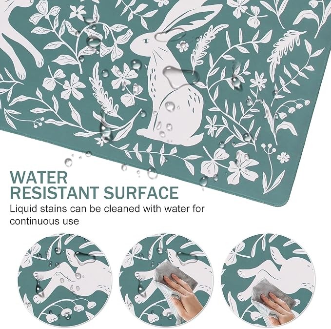 L-SPOUTTO Green Floral Desk Mat for Keyboard and Mouse,Boho XXL Gaming Mouse Pad,Large 35.4x15.7in Non-Slip Rubber Base Keyboard Pad Waterproof Desktop Mat for Laptop Computer Work Home Office-Rabbits
