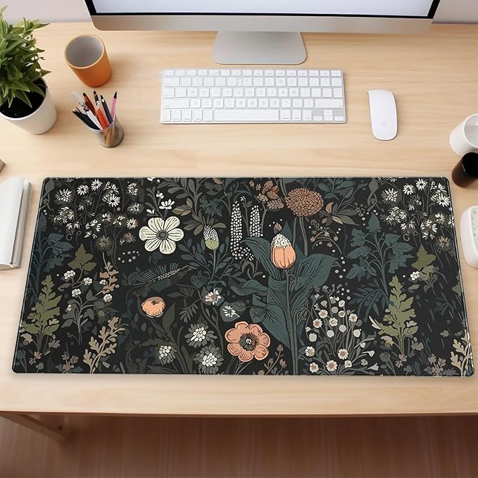 Dark Floral Desk Pad Mat, Extended XL Large Gaming Mousepad with Stitched Edges, Non-Slip Computer Mat Pad for Desk, Keyboard and Mouse mat 31.5 x 15.7 in