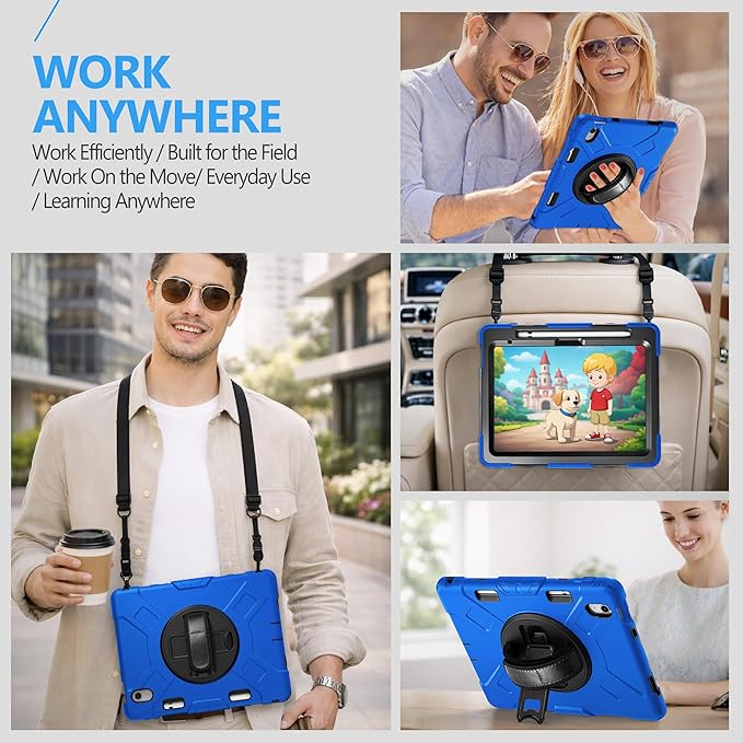 Case for iPad (A16) 11th/10th Generation Case: Protective Cover for iPad 11th Gen 11 Inch 2025 &10th Gen 10.9" 2022 with Screen Protector- Stand- Shoulder Strap- Handle- Pencil Holder-Black+Blue