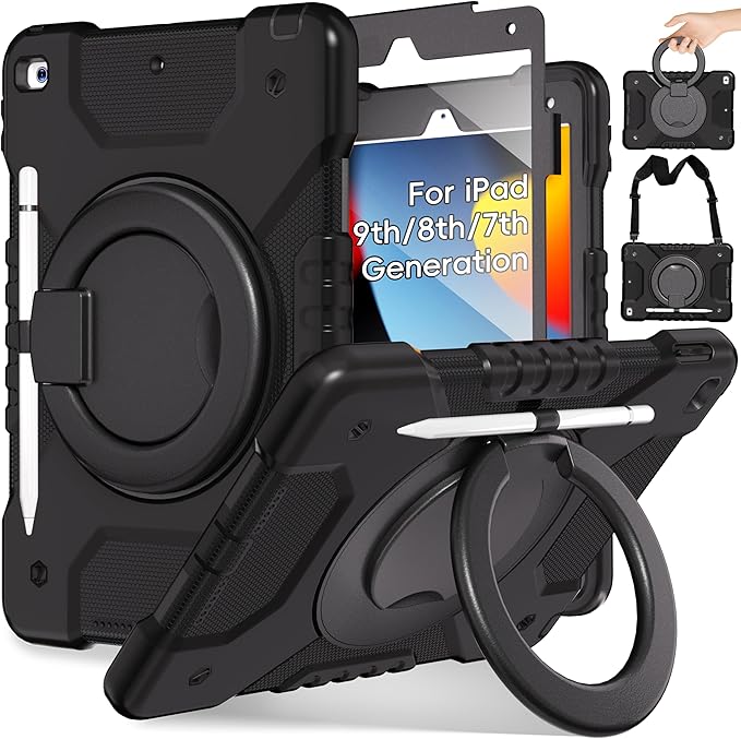 Andnary Case for iPad 9th/8th/7th Generation 10.2 inch, Shockproof Cover with Screen Protector/360° Rotating Handle/Bracket/Pen Holder/Shoulder Strap, Kids Case for iPad 2021/2020/2019 (Black)