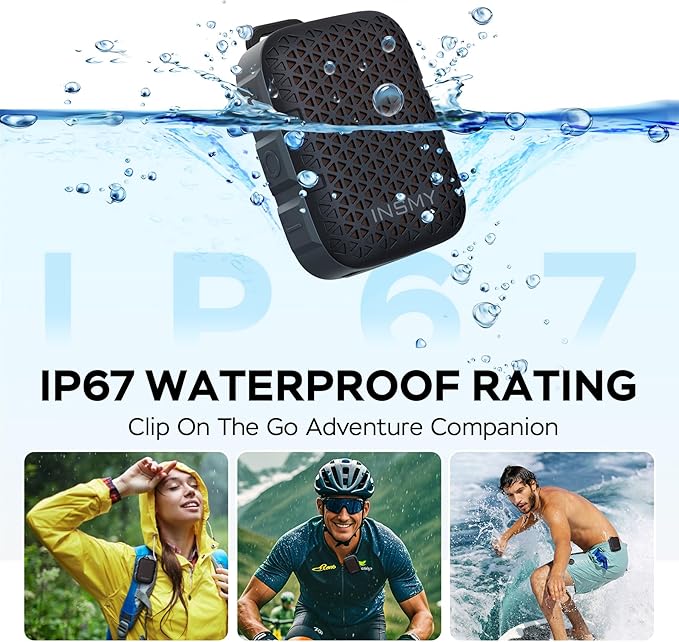 INSMY Wearable Bluetooth Speakers,IP67 Waterproof,Clip-On Portable Small Personal Speaker/Clean Sound/Stereo Pair/Wireless/ENC Built-in Mic/Lightweight for Golf Work Pool Gift (Non-Magnetic) (Black)