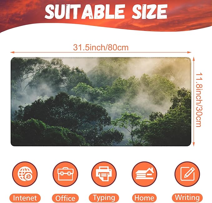Desk Mat, Tropical Forest Landscape Desk Pad, Misty Forest Large Gaming Mouse Pad for Desk, 31.5"x15.7" Extended Big Computer Keyboard Mouse Pad with Non-Slip Base and Stitched Edge
