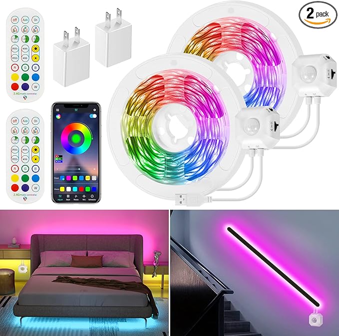 Motion Sensor LED Light Strip, 2x9.8Ft RGB LED Strip Lights Motion Activated Under Bed Lights, App Control Music Sync Strip Lights with Remote, USB Under Cabinet Lights for Kitchen Closet Stair