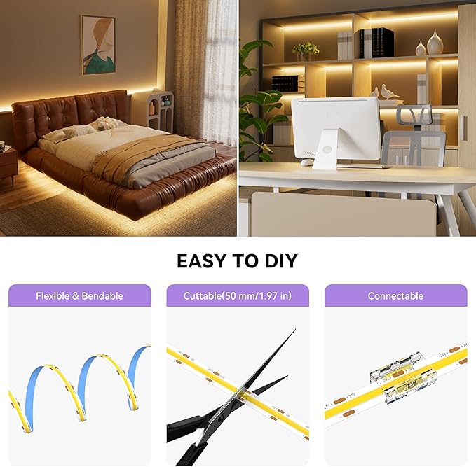 MIWISE COB LED Strip,2700K Warm White 32.8ft/10m,Dimmable Super Bright 24V LED Strip Light,CRI 90+ Flexible Tape Light with RF Remote Timer Function,for Shelf/Cabinet/Bedroom/TV DIY Lighting Project