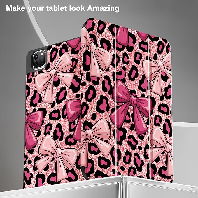 May Chen Case for iPad Pro 11 inch (4th, 3rd, 2nd & 1st Gen) 2022 2021 2020 2018,Trifold Stand with Auto Wake/Sleep Soft TPU Protective Stand Back Cover, Leopard Print Bow