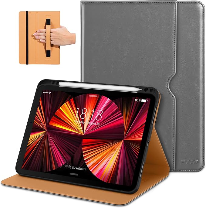 DTTO Case for iPad Pro 11 Inch 4th / 3rd / 2nd / 1st Generation 2022/2021/2020/2018,Premium PU Leather Folio Stand Cover with Hand Strap, Auto Wake/Sleep,Multiple Viewing Angles, Grey