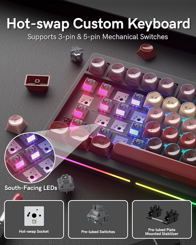 MT75 Lipstick Wireless Mechanical Keyboard, 75% Layout, Hot Swap Gasket Custom Structure, Creamy Pre-lubed Switches Gaming Keyboard with MOA Jelly Keycaps, RGB Backlit, BT5.0/2.4G/USB-C Mode