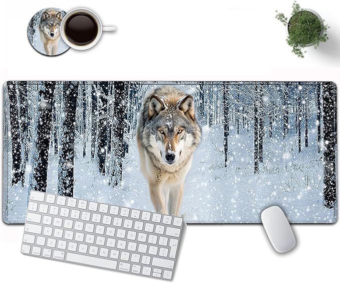 Large Mouse Pad, 31.5 x 11.8in Extended Gaming Mouse Pad with Stitched Edges, XXL Mousepad Protector Non Slip Rubber Base for Office and Home Writing Mat, Wolf in Snowy Forest Pattern White Desk Mat