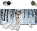 Large Mouse Pad, 31.5 x 11.8in Extended Gaming Mouse Pad with Stitched Edges, XXL Mousepad Protector Non Slip Rubber Base for Office and Home Writing Mat, Wolf in Snowy Forest Pattern White Desk Mat