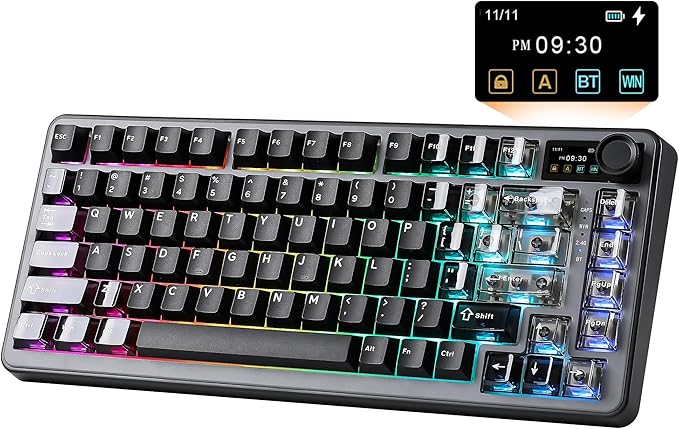 YUNZII B75 PRO MAX QMK/VIA Wireless Mechanical Keyboard,75% Layout with Screen and Knob,Custom Hot Swap Gasket,Creamy Pre-lubed Switches,Bluetooth/Type-C/2.4G for Win/Mac (Black,Milk V2 Switch)