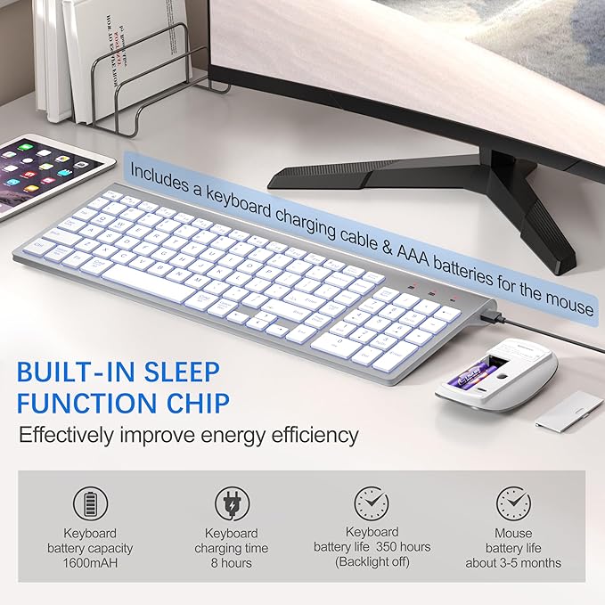 TopMate Wireless Keyboard and Mouse Ultra Slim Combo, 2.4G Silent Compact USB 2400DPI Mouse and Scissor Switch Backlit Keyboard Set, for PC/Laptop/Windows/Mac/Gaming - Silver White