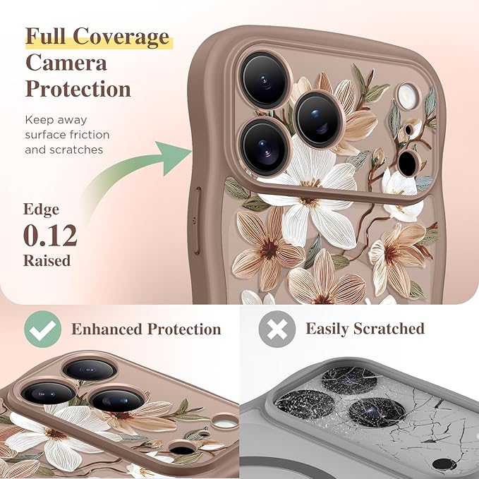 GVIEWIN for iPhone 17 Pro Case Compatible with MagSafe [Curly Wave Edge][Full Camera Protection] Floral Translucent Shockproof Magnetic Women Phone Case for iPhone 17 Pro 6.3'', Dogwood/Brown