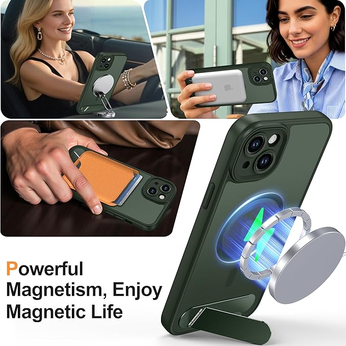 Magnetic Compatible with iPhone 15 Plus Case, [Built-in Kickstand][Full Camera Protection][Compatible with MagSafe][Anti-Fingerprint] Shockproof Phone Case for iPhone 15 Plus 6.7",Green
