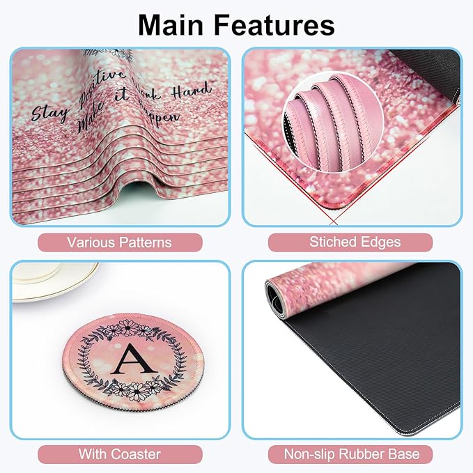 Pink Large Gaming Mouse Pad with Coaster, Desk Mat, Mouse Pad for Computer Keyboard Laptop Office Decor, Stitched Edges Extended Mousepad, 31.5'' x15.6'' -Letter A