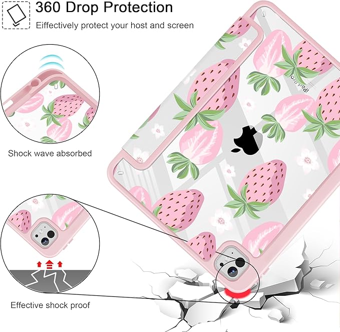 May Chen for iPad Pro 13 Inch Case M5 2025 / M4 2024, Built Pencil Holder & Clear Transparent Print Back Shell Slim Stand Shockproof Tablet Cover, Auto Wake/Sleep, Strawberries