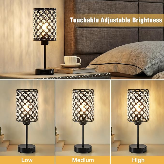 GyroVu Crystal Table Lamp, Black Lamp for Bedroom Nightstand with USB C+A Ports, Dimmable Touch Lamp with Crystal Shade, Bedside Lamp Small Lamp for Bedroom, Living Room, Office (Buld Included)