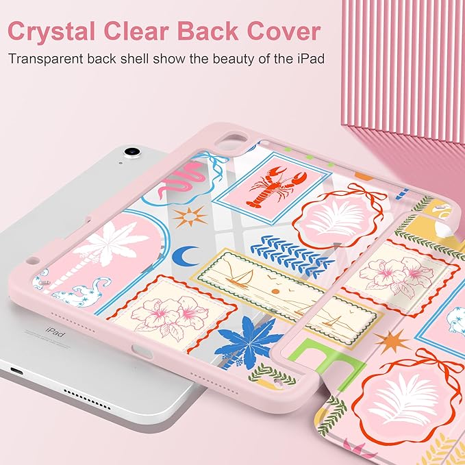 Case for iPad Air 11 inch M4 2026 M3 2025 M2 2024 Release with Pencil Holder Clear Back Shell Pink Lightweight Shockproof TPU Edge Trifold Stand Auto Wake Sleep Cute Cover, Creative Collage