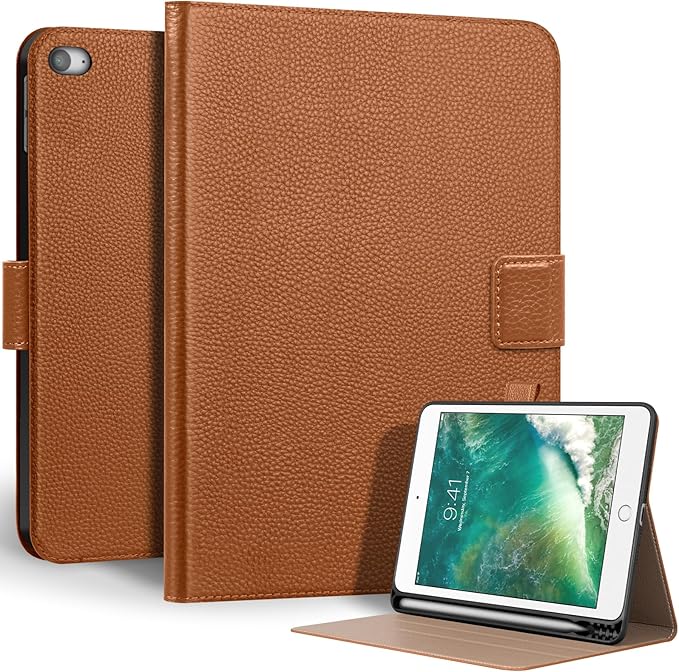 Genuine Leather Case for iPad mini 5th / 4th Generation 7.9’’ (2019/2015) | Slim Protective Cover with Adjustable Stand, Auto Wake/Sleep, Magnetic Closure, Premium Leather | Brown