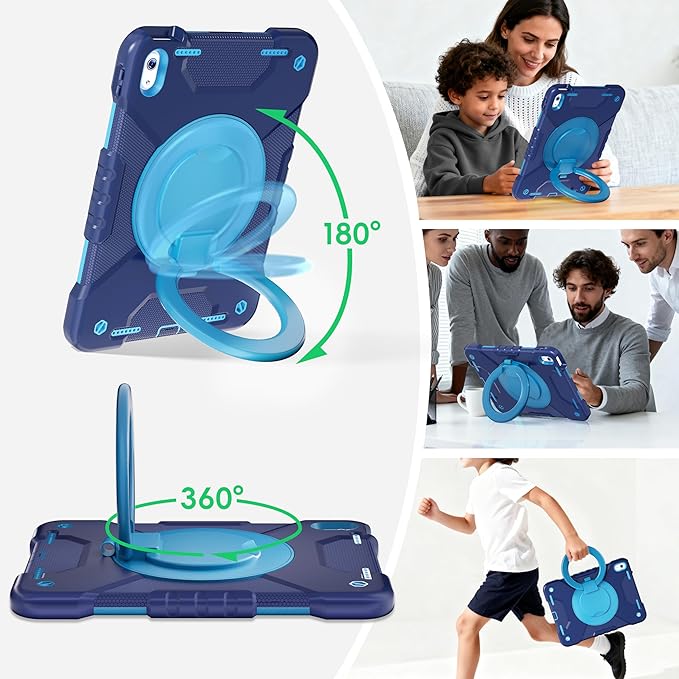 Andnary Case for iPad (A16) 11th Generation 11 inch 2025/10th Generation 10.9 inch 2022, Shockproof Cover with Screen Protector/360° Rotate Handle/Bracket/Pen Holder/Shoulder Strap (Navy+Blue)