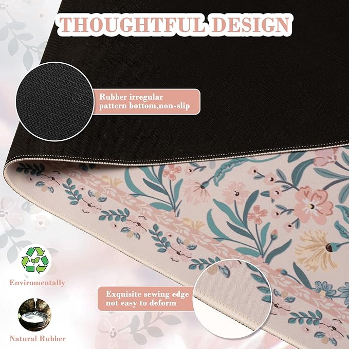 iCasso Aesthetic Floral Desk Mat, L Mouse Pads, Anti-Slip Mousepad with Stitched Edges, Waterproof Computer Pad 11.8"x31.5", Desk Accessories Office Decor for Women(Pink Floral)