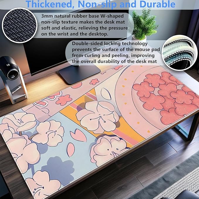 Pink Floral Mouse Pad XXL Cute Anime Gaming Desk Mat 31.5"x15.7", Thickened Rubber Base, Stitched Edge & Washable Design for Women, Office, Home