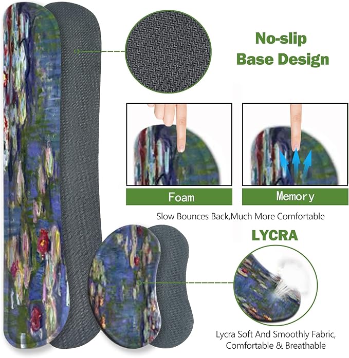 ToLuLu Extended Gaming Mouse Pad, Memory Foam Ergonomic Keyboard Mouse Wrist Rest Support Set, Large Desk Mat with Stitched Edges, Non-Slip Base Mousepad for Home Office Game, Monet Water Lilies