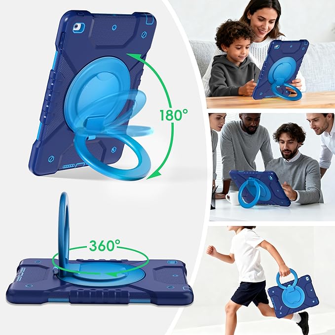 Andnary Case for iPad 9th/8th/7th Generation 10.2 inch, Shockproof Cover with Screen Protector/360° Rotating Handle/Bracket/Pen Holder/Shoulder Strap, Kids Case for iPad 2021/2020/2019 (Navy+Blue)