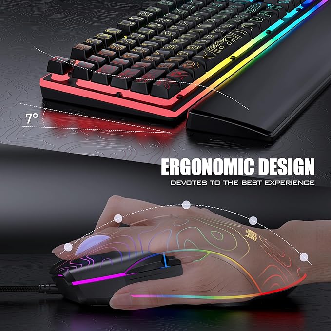 RedThunder K10 Wired Gaming Keyboard & Mouse Combo with Wrist Rest, Adjustable RGB Mechanical Feel Anti-ghosting Keyboard + 7D 7200 DPI Mouse+Soft Leather Wrist Rest for PC Gamers (Black Lines)