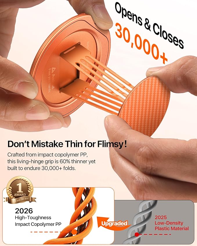 andobil [2026 Ultra-Thin] Magnetic Phone Grip for MagSafe [360° Rotate] Magnetic Cell Phone Ring Holder & Kickstand for MagSafe Accessories & iPhone 17 Air 16 Pro Max Plus 15 14 13 12, Orange
