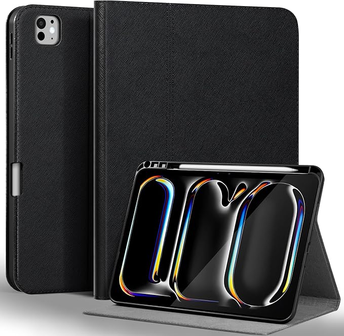 Gexmil Genuine Leather Case for iPad Pro 13 Inch (M5/M4) 2025/2024 with Pencil Holder,Protective Shockproof Smart Leather Folio Cover Adjustable Stand Auto Sleep/Wake,Cross-Hatched Black