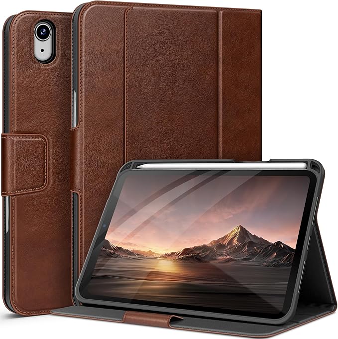 auaua Case for iPad mini 7 (A17 Pro), iPad mini 7th/6th Generation (2024/2021 8.3-inch), with Front Pocket Pencil Holder, Typing Angle Muti-Stand Magnetic Closure Auto Sleep/Wake (Brown)