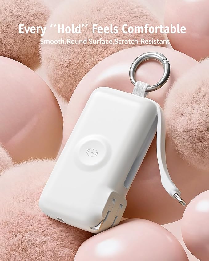 RORRY Flow Portable Charger, 10000mAh 40W Fast Charging Power Bank with Built-in USB C Cable and Foldable Wall Plug, Battery Pack Travel Essentials for iPhone 17/16/15, Apple Watch, iPad, MacBook