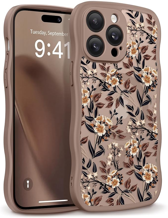 GVIEWIN for iPhone 14 Pro Case Compatible with MagSafe [Curly Wave Edge][Full Camera Protection] Floral Translucent Shockproof Magnetic Women Phone Case for 14 Pro, Bunchflower/Brown