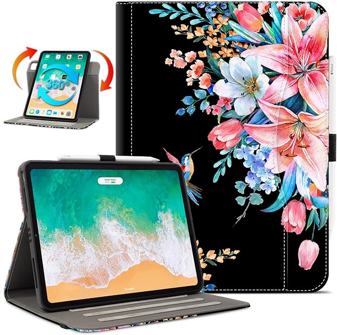 Vimorco for iPad Air M4/M3/M2 11 Inch Case 2026,for iPad Air 5th/4th Gen Cases,for iPad Pro 11 Inch Case 4th/3rd/2nd/1st Generation 360 Degree Rotating Pencil Holder 5 Viewing Angles,Black Flower Bird