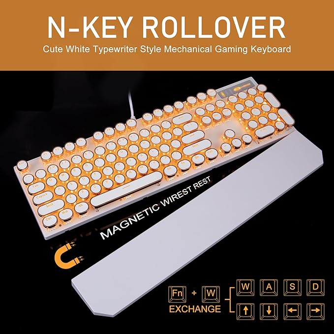 Camiysn Typewriter Style Mechanical Keyboard, Retro Punk Gaming Keyboard with Gold LED Backlit, Cute Wired Keyboards,104 Keys Full Size Keyboards, Uique Round Keycaps for Windows/Mac/PC(White&Gold)