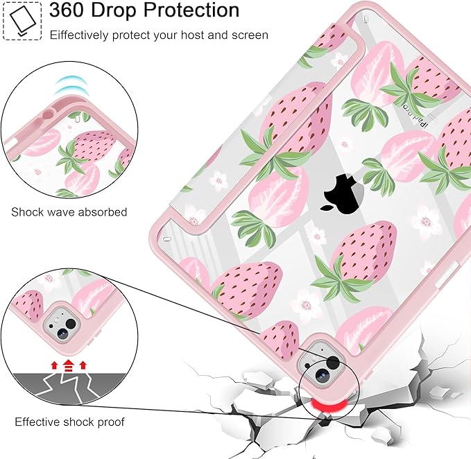 May Chen Case for iPad Pro 11-Inch M5/M4 2025/2024 (6th/5th Generation), [Penceil Holder] Trifold Stand Auto Wake/Sleep Clear TPU Protection Back Cover, Strawberries