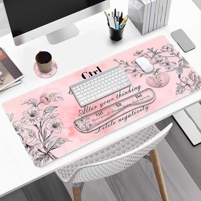 Large Gaming Mouse Pad Pink Floral, Ergonomics Keyboard Desk Mat with Wrist Rest, Cute Extended Game Mousepad, Non-Slip Desk Matt Easy Typing I Inspirational with Positive Quotes Ctrl Alt Del