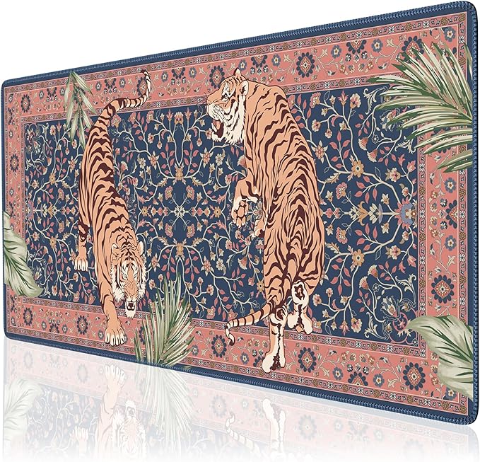 Tiger Desk Matt for Desktop, Floral Gaming Cute Desk Mat, Non Slip Keyboard and Mouse Pad, Stitched Edges Large Desk Pad, Desk Mat for Home Office 35.4 x 15.7 Inches (Pink)