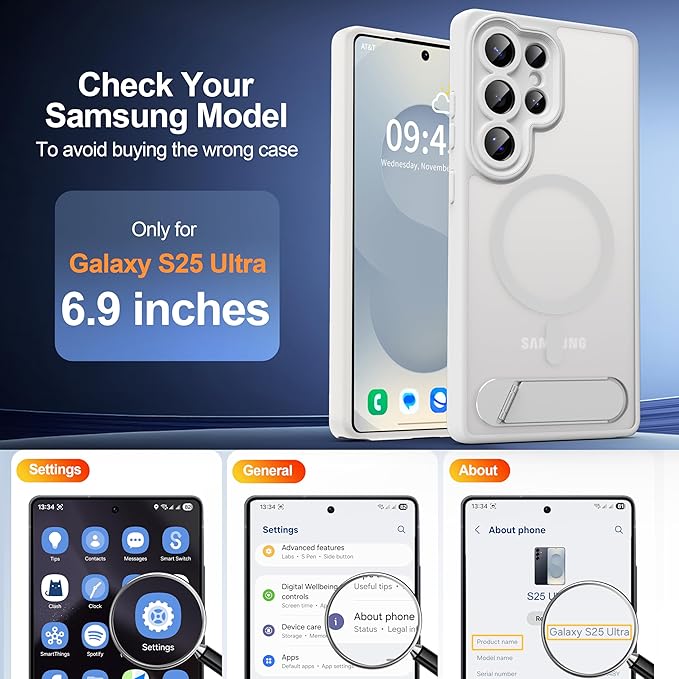 Magnetic for Samsung Galaxy S25 Ultra Case, [Compatible with MagSafe][Full Camera Protection][Built-in Invisible Kickstand] Translucent Matte Phone Case for S25 Ultra 6.9" - White
