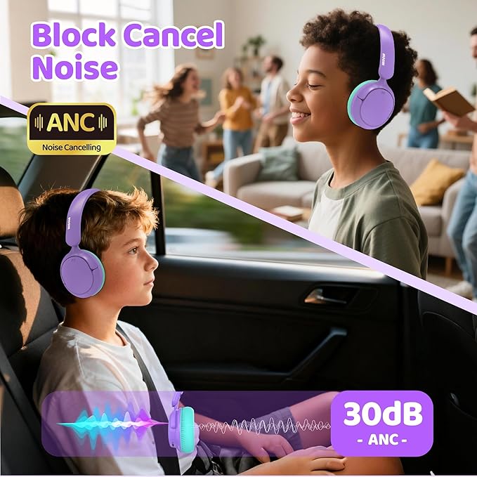 MIDOLA Kids Bluetooth Headphones Active Noise Cancelling,68H Play Time,Lightweight Wireless Foldable Over-Ear Headphone for Kid Toddler,Volume Limited 85/94dB,Headsets with Built-in Mic Purple