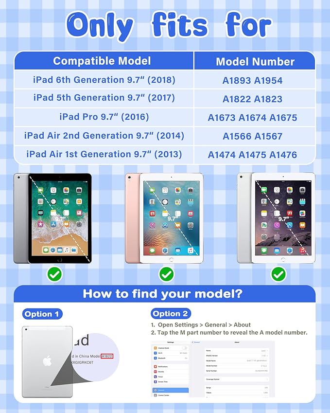 Kids Case for iPad 5th/6th Generation (9.7 inch, 2017/2018) & iPad Air 1/2 9.7" & Pro 9.7, Durable Shockproof Lightweight Kids Cover with Shoulder Strap/Handle/Kickstand, Light Blue