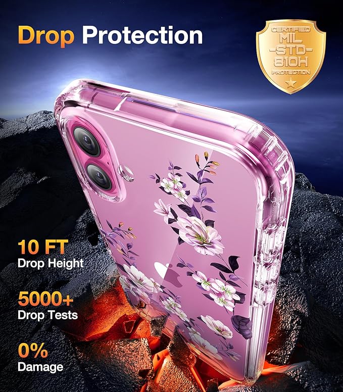Diaclara Designed for iPhone 16 Case, Full Body Rugged Case with Built-in Touch Sensitive Anti-Scratch Screen Protector, Upgraded [Full Camera Protection] for iPhone 16 Holsters 6.1" (Clear Flower)