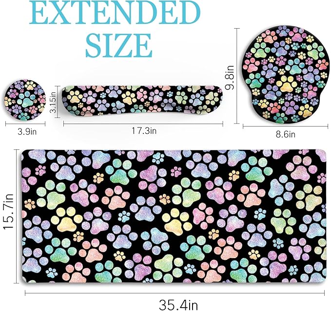 LIMKRIAN Dog Paw Mouse Pad Set XXL Large Desk Mat Pad, Cute Ergonomic Mouse Pad with Wrist Support Wrist Rest for Computer Keyboard, Cup Coaster Cute Cat Paw Office Supplies Desk Decor Accessories